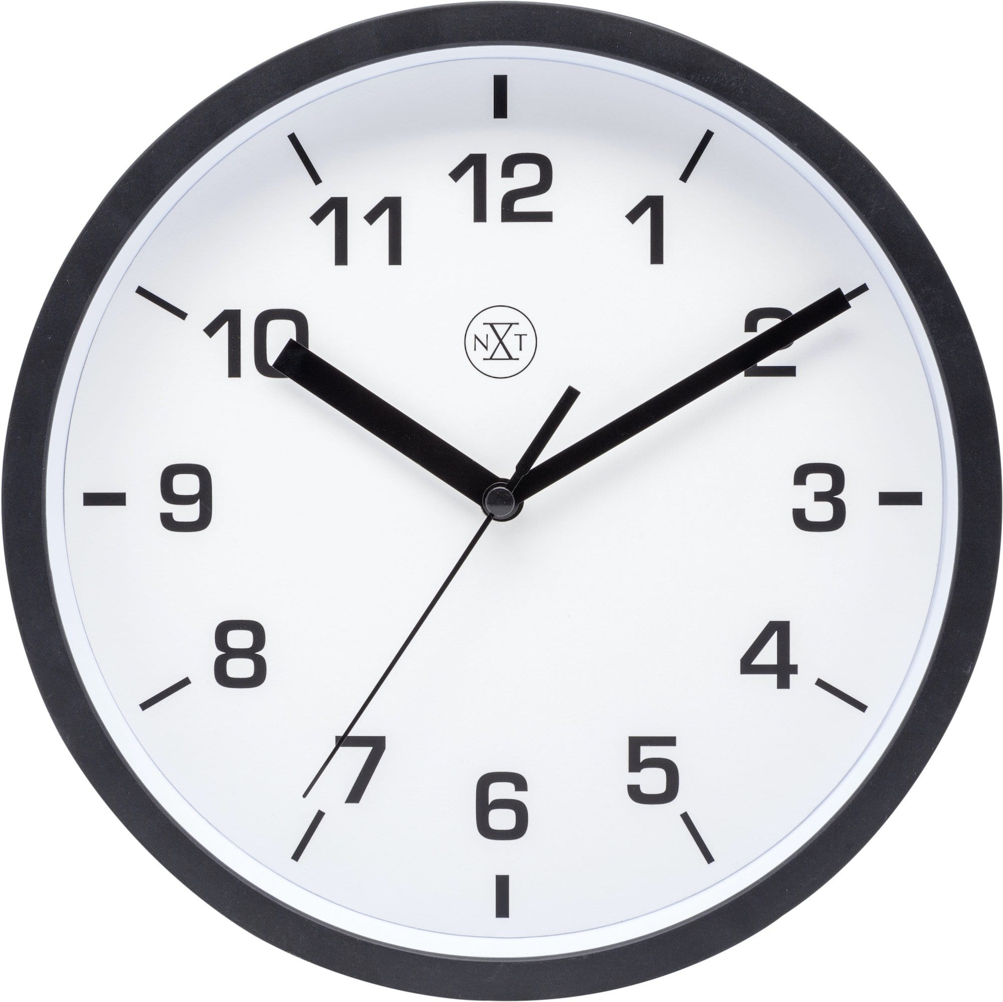 NeXtime Clocks 20cm plastic wall clock with a simple, modern design, featuring a white dial and black hands.